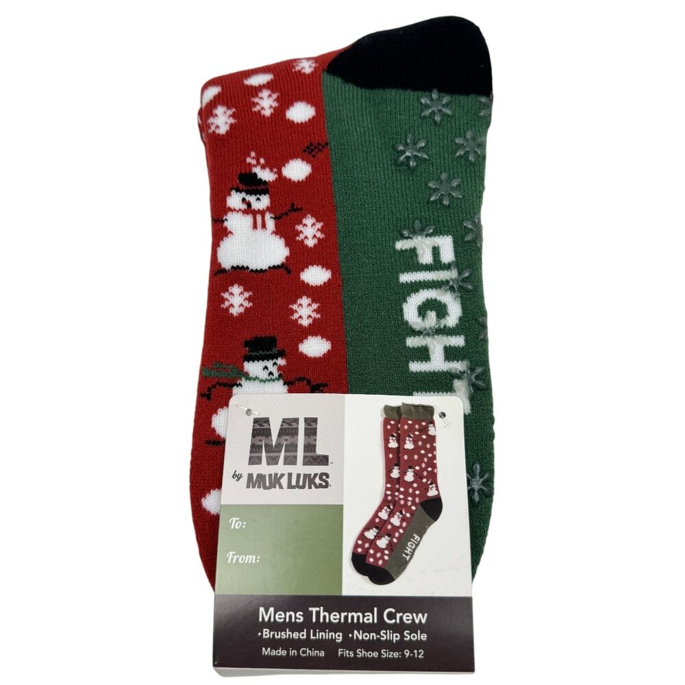 Muk Luks Thermal Crew Socks Mens Sz 9-12 Snowball Fight Brushed Lining Non-Slip